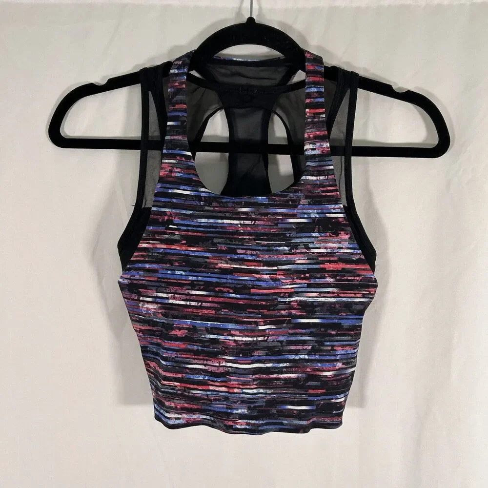 Lululemon Sports Bra Women's 6 Blue Red Striped Padded Layered Sheer Under